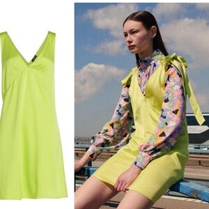 Stine Goya Rosario Bright Yellow Green Yuzu Bow V Neck Mini Dress Medium